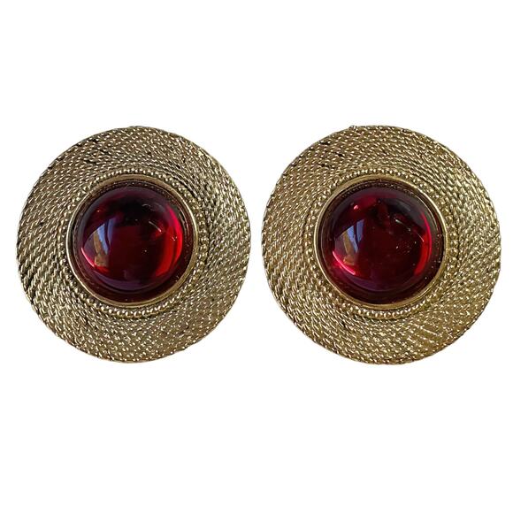 1980s Maxine Denker Ruby Lucite Cabochon Rope Gold Plate Large Clip Earrings - Picture 3 of 3